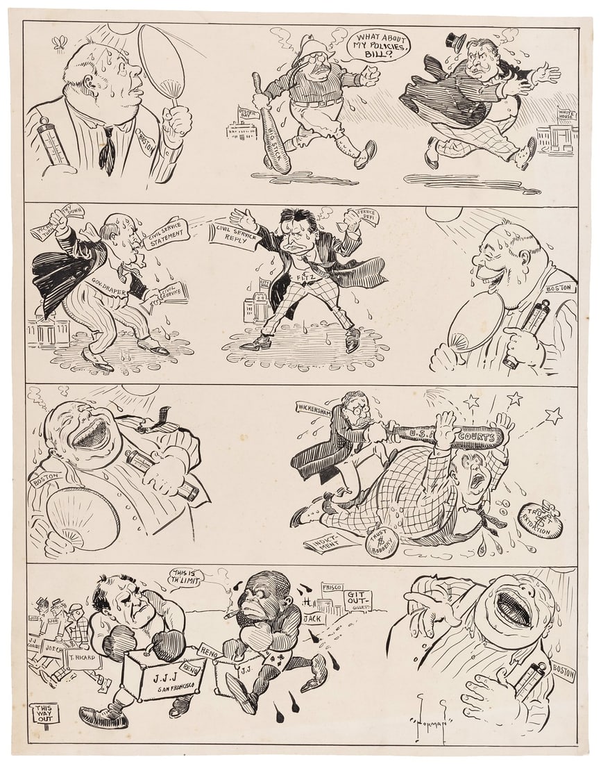 ROOSEVELT, JACK JOHNSON, HONEY FITZ BOSTON C. 1910 CARTOON PRINT.: 13x16.5" on thick stock. Features four cartoon panels. Some faint scattered age spotting, most notably along bottom left edge. Otherwise only light handling and edge wear. Extremely Fine. An interesti