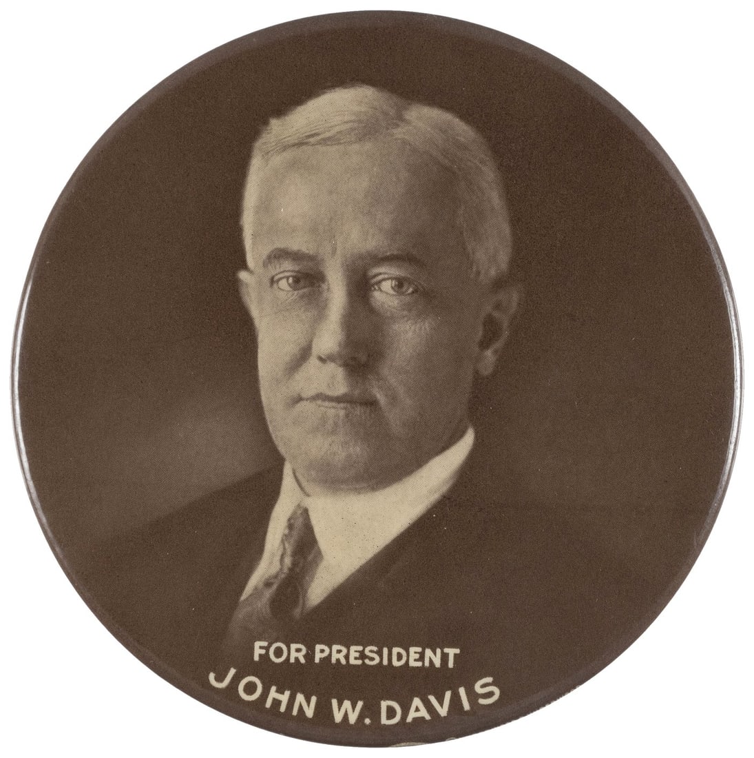 "FOR PRESIDENT JOHN W. DAVIS" CENTERPIECE 1924 CAMPAIGN BUTTON.: 4". Cardboard easel back. W&H on curl. Only light scattered surface wear in reflected light. Exc. A superb display example that would be difficult to improve upon. The centerpiece of choice for a Davi