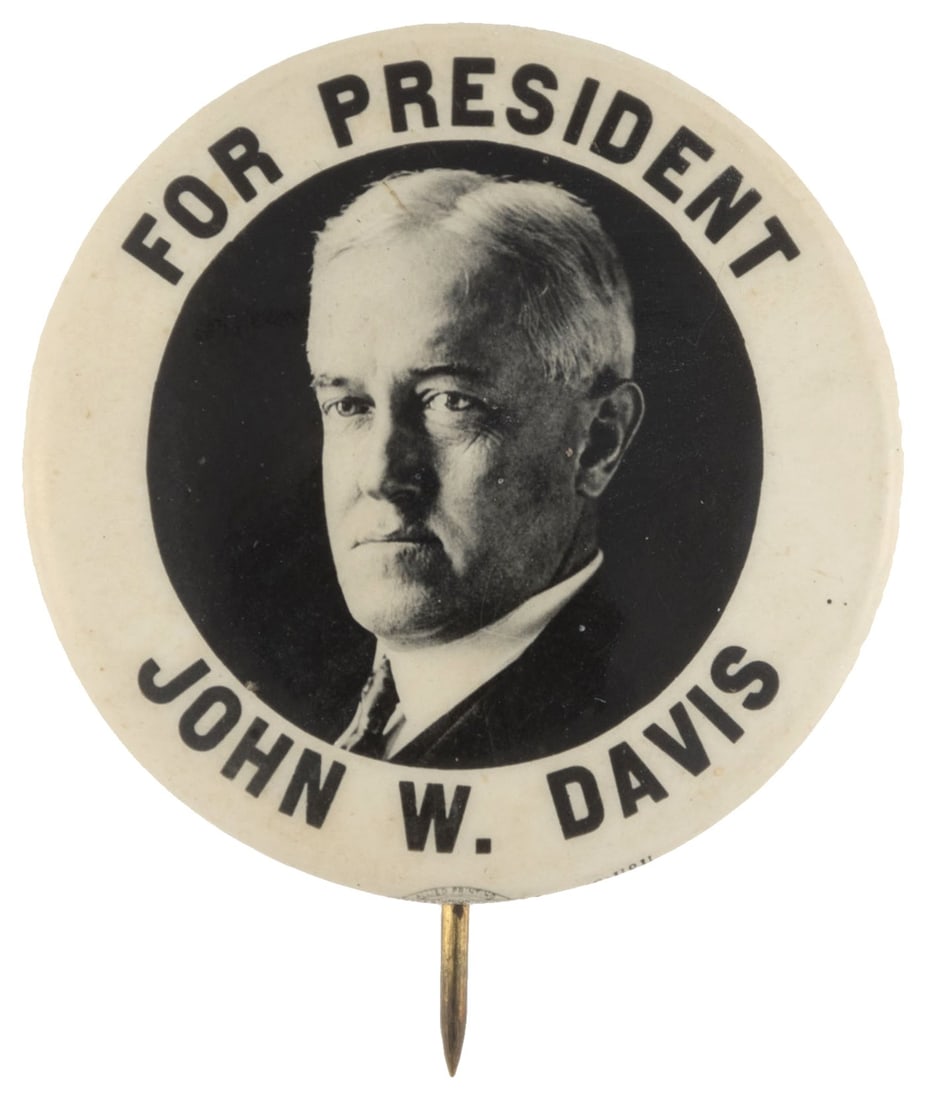 STRIKING REAL PHOTO "FOR PRESIDENT JOHN W. DAVIS" BUTTON HAKE #6.: 1.25" w/"Cammall Badge Co. Boston Mass." back paper, "Newark 40" union bug and "C. U&U" on curl. Razor sharp high contrast portrait of the 1924 Democratic nominee. Light surface wear only in reflected