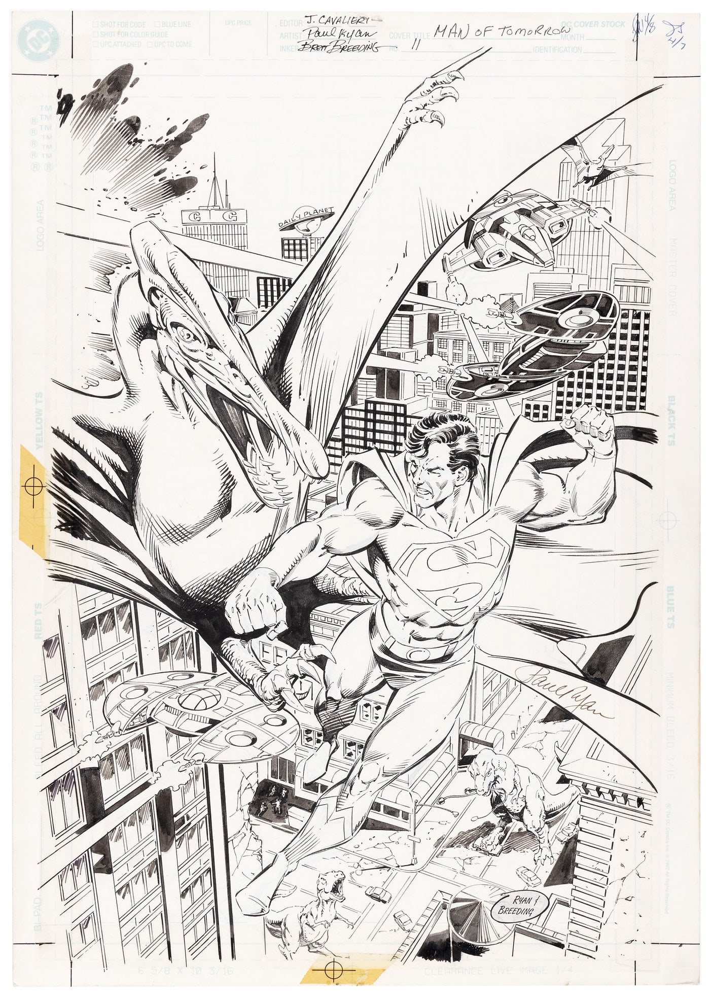 SUPERMAN: THE MAN OF TOMORROW #11 COMIC BOOK COVER ORIGINAL ART BY PAUL RYAN.: 12x17" artboard features pen and ink original art for cover to Superman: The Man Of Tomorrow #11, published by DC Comics Sept. 1998. Art is by Paul Ryan, whose action-packed "Timewar!" cover story art