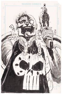 DEATHLOK #7 COMIC BOOK COVER ORIGINAL ART BY DENYS COWAN.: 111/8x17" Marvel artboard has pen and ink original art for cover to Deathlok #7, published by Marvel Jan. 1992. Art is by Denys Cowan w/inks by Kent Williams. From the second part of the Similar Machi