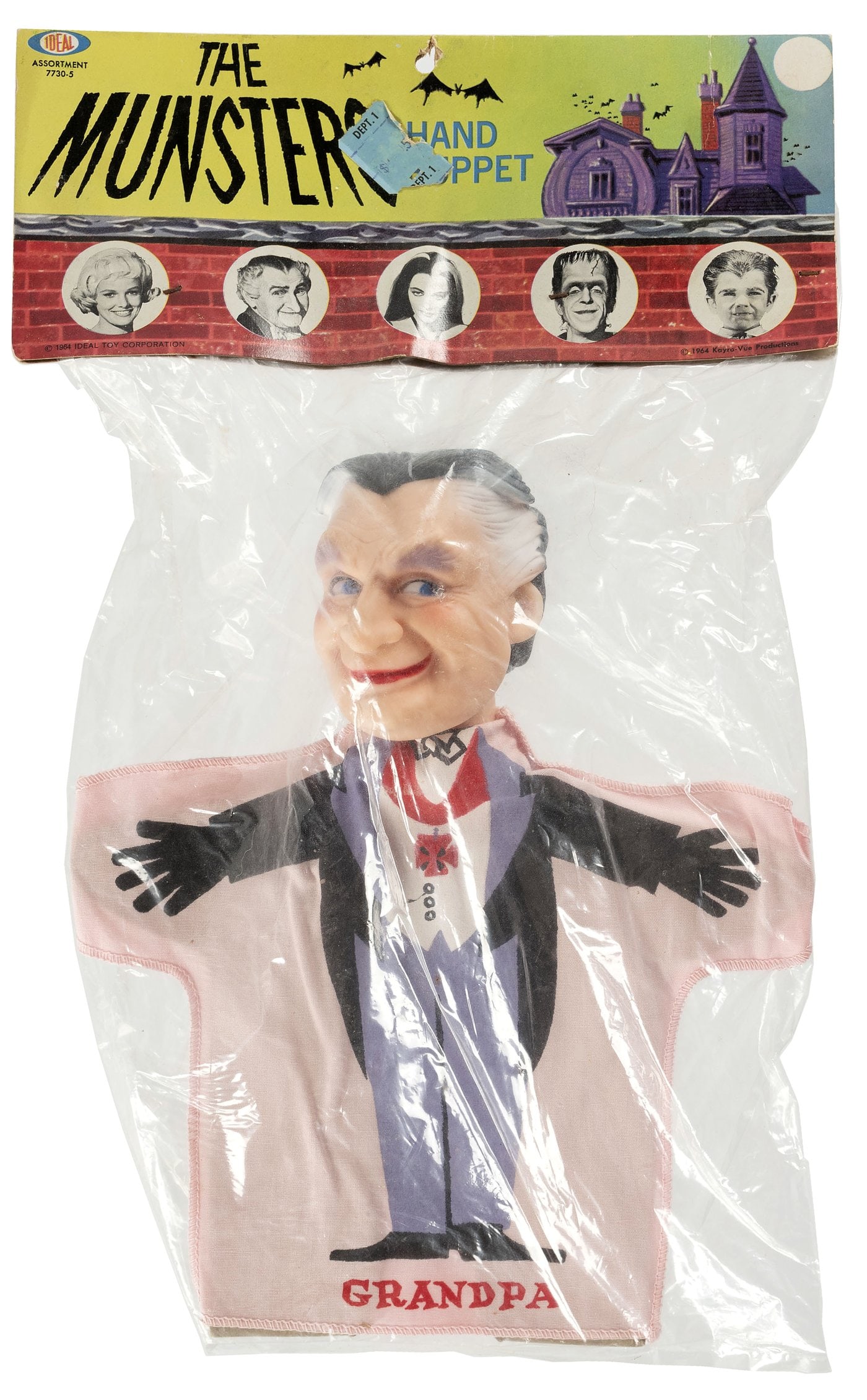 THE MUNSTERS - GRANDPA MUNSTER BAGGED IDEAL PUPPET.: From same series as previous two lots. Header card's pricing circle remains unused, w/worn store price sticker on front. Rust soiling to staples and card shows handling wear w/wear/tear at hanger hole