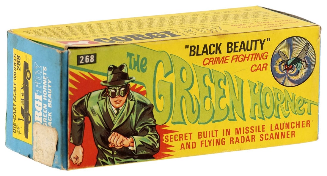 GREEN HORNET - BLACK BEAUTY BOXED CORGI DIE-CAST CAR.: Illustrated cardboard box contains 5" long die-cast metal and plastic Black Beauty #268 w/inner pop-up display. ©1966 Greenway Productions Inc. Car is nicely designed and has "Secret Built In Mis