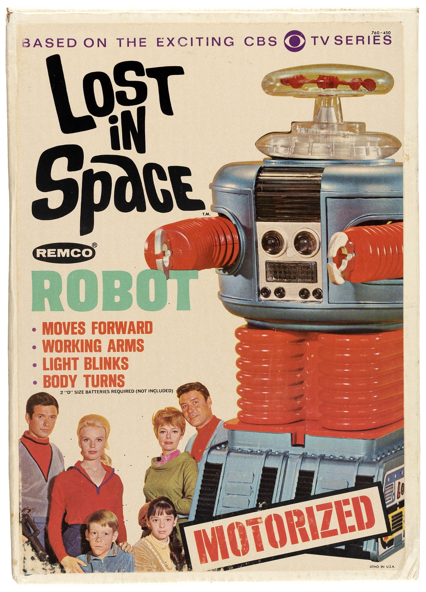 LOST IN SPACE ROBOT BOXED REMCO BATTERY-OPERATED TOY IN BOX.: Illustrated box w/photo illustrated main panel label contains 12" tall plastic battery-operated toy. Remco, ©1966 Space Productions. Box has lt. aging/wear. Photo label shows lt. surface wear at