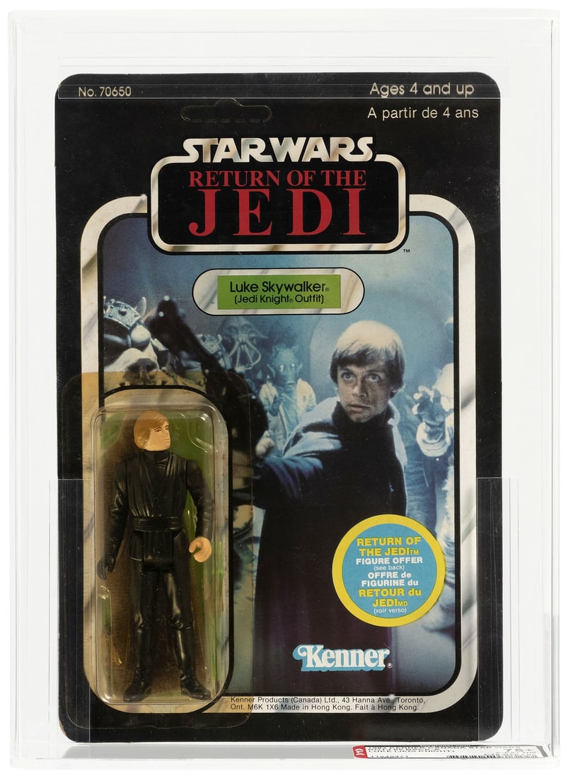STAR WARS: RETURN OF THE JEDI (1983) - LUKE SKYLWALKER (JEDI KNIGHT) 65 BACK-A AFA 75+ Y-EX+/NM: Bilingual blister card contains 3.75 tall Kenner action figure. Canadian issue. Front has bilingual "Return Of The Jedi Figure" action figure offer, but does not show/mention character. Bottom third o