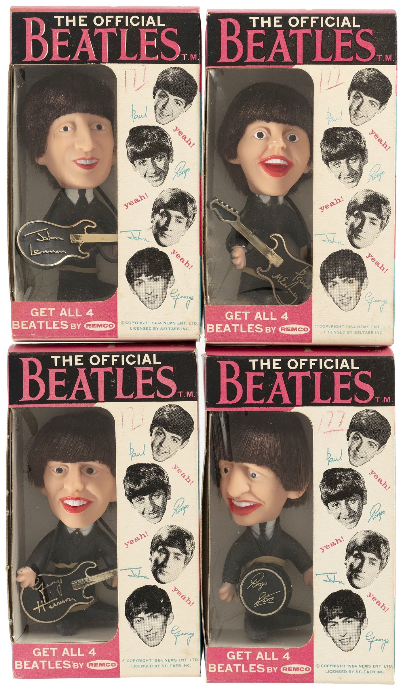 THE BEATLES BOXED HIGH GRADE REMCO DOLL SET & RETAILER'S SHEET.: Complete set of four identical window boxes contain 4.5" tall figures, each w/removable plastic instrument bearing each respective Beatle's facsimile signature. Remco Industries Inc. ©1964 NEMS E