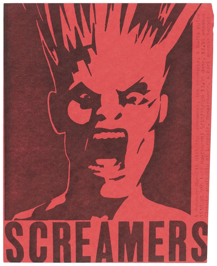SCREAMERS MAY 18, 1978 PORTLAND, OR CONCERT FLYER & UNCUT TICKETS GARY PANTER ART.: 6.75x8.5" & 4.25x11" photocopy (xerographic print) on thin red stock produced before the show. Promoting "A Revenge Benefit With The Screamers, The Products, & Radio Pulse" in Portland, OR at "1510 SE