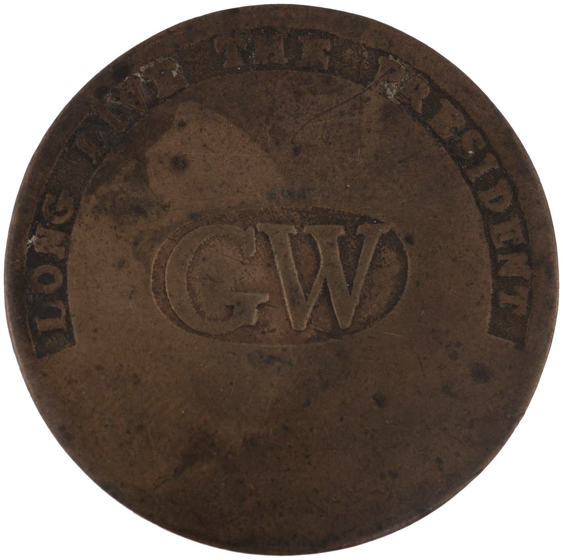 GEORGE WASHINGTON "GW LONG LIVE THE PRESIDENT" 1789 INAUGURAL CLOTHING BUTTON.: 1-3/8" (34mm). Brass w/narrow spacing of "GW" at center. Albert WI-11A. Moderate wear. Retains the original shank. Fine. A nice example of this scarce and historic button.