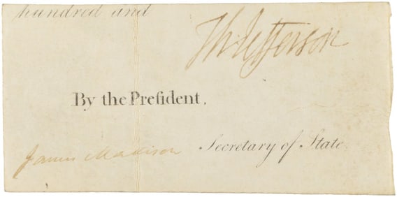 THOMAS JEFFERSON & JAMES MADISON SIGNED CUT FROM SHIPS PAPERS.