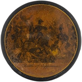 W. H. HARRISON "BATTLE OF TIPPECANOE" PAPIER-MACHE SNUFF BOX.