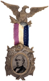 SEYMOUR 1868 EAGLE MOTIF FERROTYPE RIBBON BADGE.