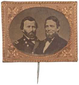 GRANT & COLFAX BRASS FRAMED ALBUMEN 1868 JUGATE BADGE.