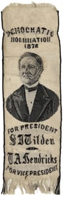 TILDEN & HENDRICKS "DEMOCRATIC NOMINATIONS 1876" WOVEN SILK RIBBON.