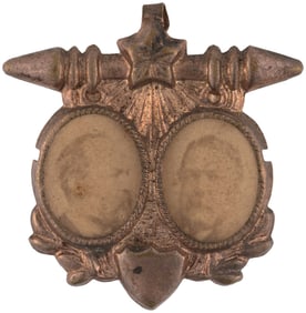GARFIELD & ARTHUR 1880 BRASS SHELL JUGATE BADGE.