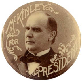 McKINLEY FOR PRESIDENT ORNATE TYPOGRAPHY REAL PHOTO BUTTON.