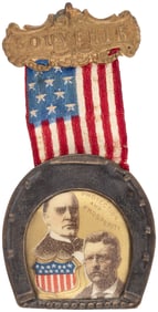 MCKINLEY AND ROOSEVELT 1900 "PROTECTION AND PROSPERITY" JUGATE BADGE.