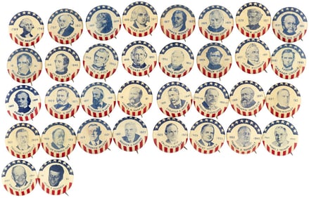 PRESIDENTIAL BUTTON SET WASHINGTON THROUGH JOHN KENNEDY ISSUED C. 1960.