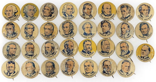 PRESIDENTIAL BUTTON SET WASHINGTON THROUGH HOOVER ISSUED C. 1930 BY BUTTON GUM CO.