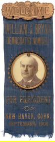 BRYAN "DEMOCRATIC NOMINEE FOR PRESIDENT NEW HAVEN, CONN." RIBBON BADGE.