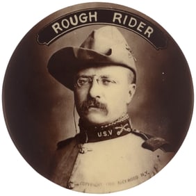 ROOSEVELT "ROUGH RIDER" SEPIA TONED REAL PHOTO BUTTON.