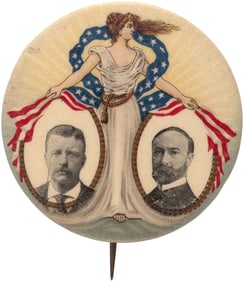 ROOSEVELT & FAIRBANKS RARE 1.75" STANDING LADY LIBERTY JUGATE BUTTON.