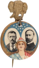 ROOSEVELT FAIRBANKS LARGE HEAD LADY LIBERTY JUGATE STICKPIN BADGE.