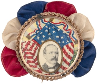 ALTON PARKER PATRIOTIC AND LARGE PORTRAIT BUTTON W/ ROSETTE.