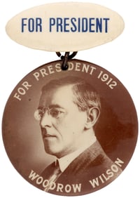 FOR PRESIDENT 1912 WOODROW WILSON RARE REAL PHOTO BUTTON ON HANGER.