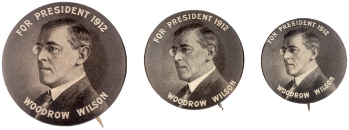 FOR PRESIDENT 1912 WOODROW WILSON PORTRAIT BUTTON SIZE VARIETY TRIO.