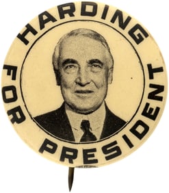 HARDING FOR PRESIDENT SMILING PORTRAIT BUTTON HAKE #5.