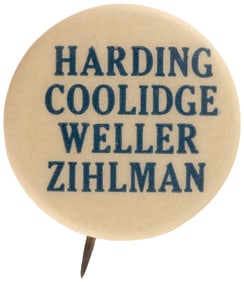 HARDING, COOLIDGE, WELLER & ZIHLMAN 1920 MARYLAND COATTAIL BUTTON.