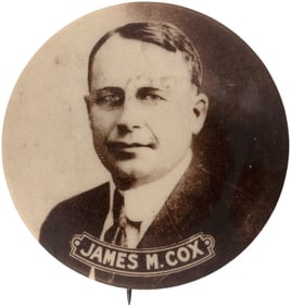 JAMES M. COX LARGE 1.75" SEPIA TONED REAL PHOTO BUTTON.