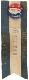 COOLIDGE DAWES RARE LINCOLN TOUR "CARAVAN" RIBBON AND CLASSIC 1924 BUTTON.