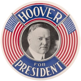HOOVER FOR PRESIDENT FLANKED AMERICAN FLAG 1928 PORTRAIT BUTTON.