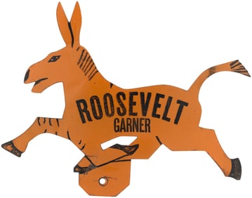 ROOSEVELT GARNER DIE CUT TIN DONKEY LICENSE PLATE ATTACHMENT.