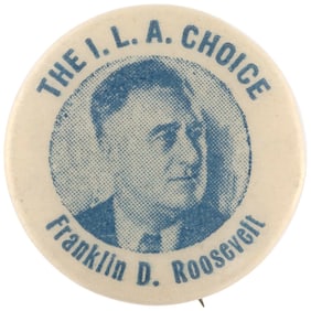 THE I.L.A. CHOICE FRANKLIN D. ROOSEVELT RARE BLUETONE PORTRAIT BUTTON.