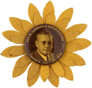 ALF M. LANDON'S NOTIFICATION BUTTON LARGEST VARIETY ON SUNFLOWER ROSETTE.