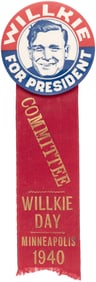 WILLKIE FOR PRESIDENT SMILING PORTRAIT BUTTON & MINNEAPOLIS 1940 RIBBON.