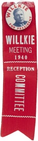 WILLKIE MEETING 1940 RECEPTION COMMITTEE RIBBON & PORTRAIT BUTTON HAKE #34.