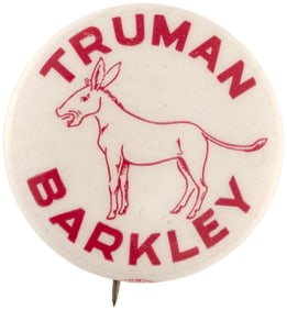TRUMAN BARKLEY 1948 RED DONKEY CAMPAIGN BUTTON HAKE #51.
