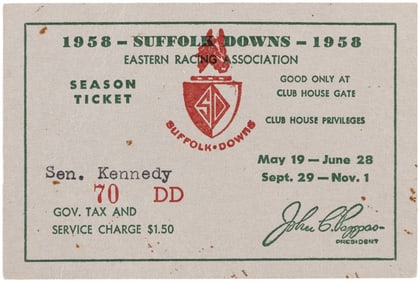 SEN. KENNEDY SUFFOLK DOWNS 1958 PERSONAL SEASON PASS.