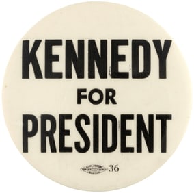 KENNEDY FOR PRESIDENT BOLD 1960 SLOGAN BUTTON W/BOSTON UNION BUG.