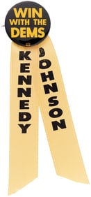 KENNEDY JOHNSON RIBBONS ON "WIN WITH THE DEMS" 1960 CAMPAIGN BUTTON.