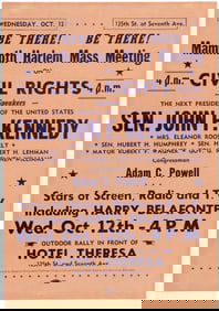 KENNEDY "MAMMOTH HARLEM MASS MEETING ON CIVIL RIGHTS" 1960 CAMPAIGN FLYER.