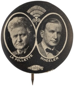 LA FOLLETTE & WHEELER ART DECO PROGRESSIVE PARTY JUGATE BUTTON HAKE #3.