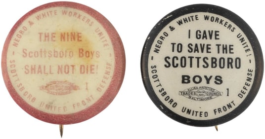 SCOTTSBORO BOYS SCARCE CIVIL RIGHTS BUTTON PAIR.