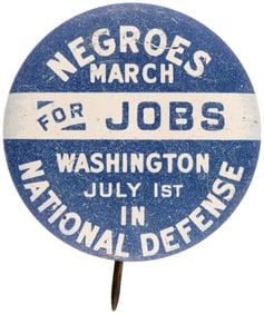 NEGROES MARCH FOR JOBS IN NATIONAL DEFENSE SCARCE 1941 CIVIL RIGHTS LITHO BUTTON.