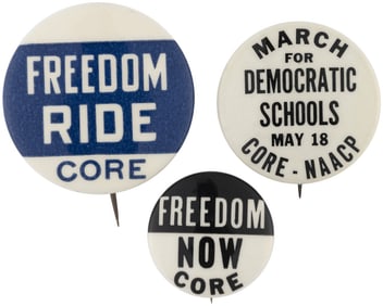 CONGRESS ON RACIAL EQUALITY CORE CIVIL RIGHTS BUTTON TRIO INC. "FREEDOM RIDE".
