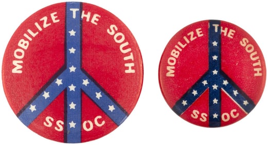 MOBILIZE THE SOUTH SDS SSOC ANTI-VIETNAM WAR BUTTON PAIR.