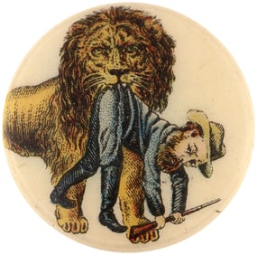 BOER WAR GENERAL HANGS FROM JAWS OF THE BRITISH LION SYMBOLIZING LORD ROBERTS 1900 VICTORY.